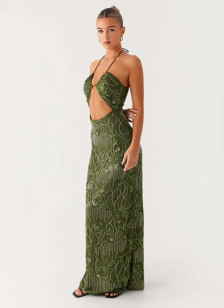 Phoenicia Beaded Maxi Dress - Khaki