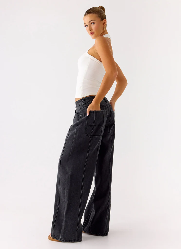 Johnny Low Rise Wide Leg Denim Jeans - Grey Charcoal