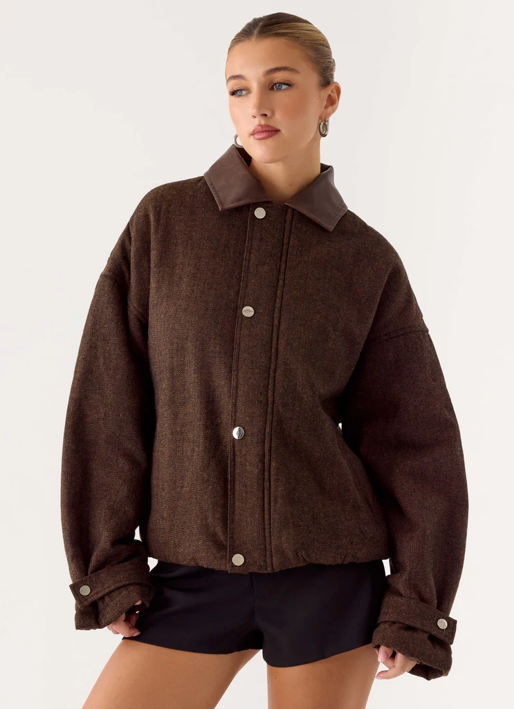 Myles Herringbone Bomber Jacket - Chocolate Herringbone