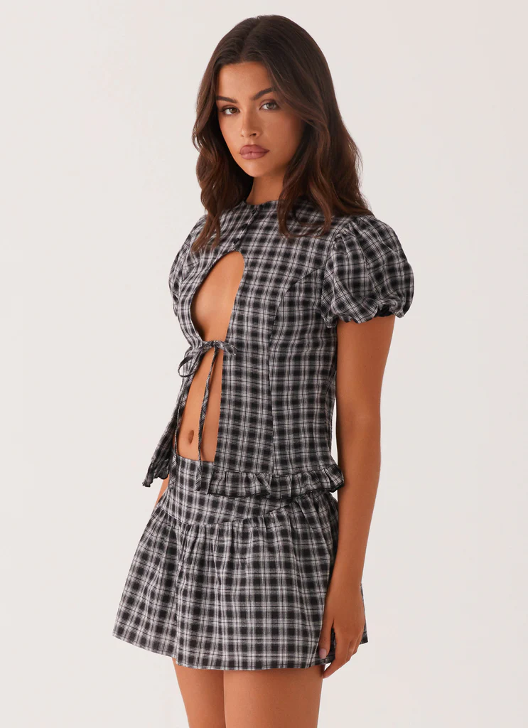 Annie Puff Sleeve Top - White Black Check