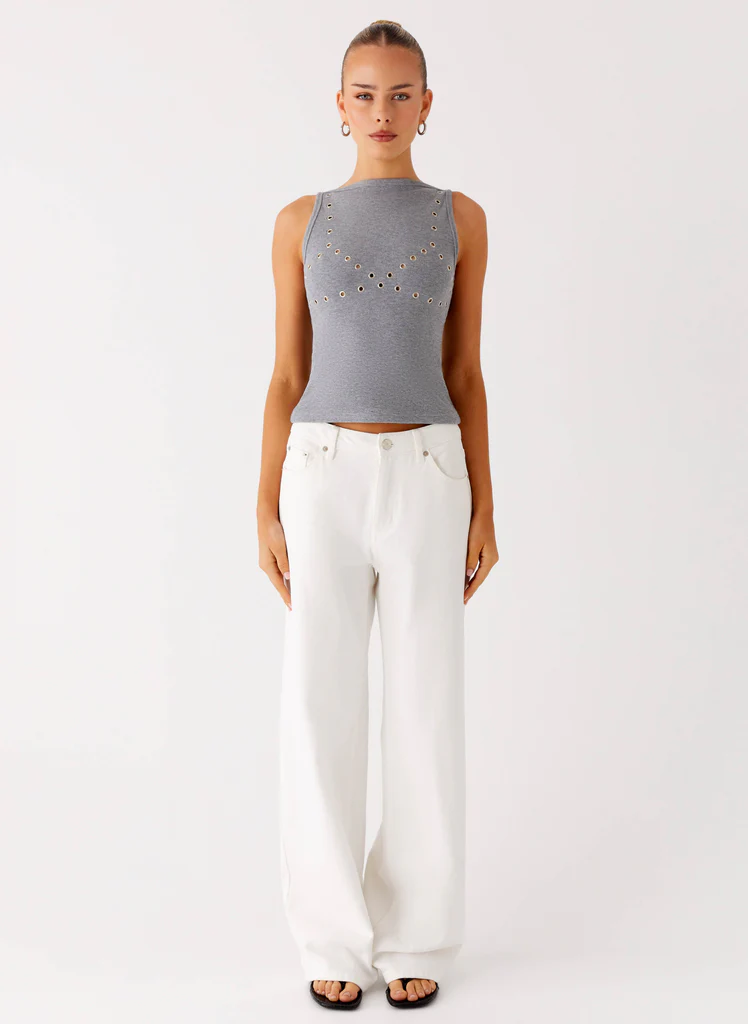 Drop Top Ribbed Eyelet Tank Top - Marle Grey