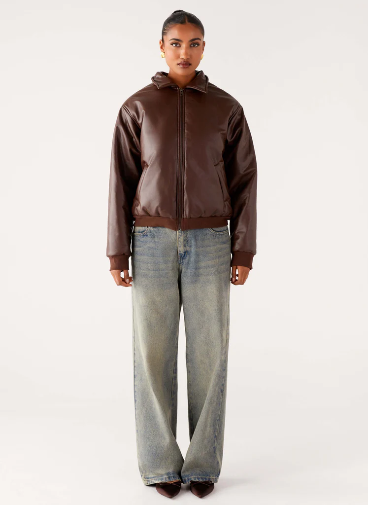 Outlands Faux Leather Bomber Jacket - Chocolate