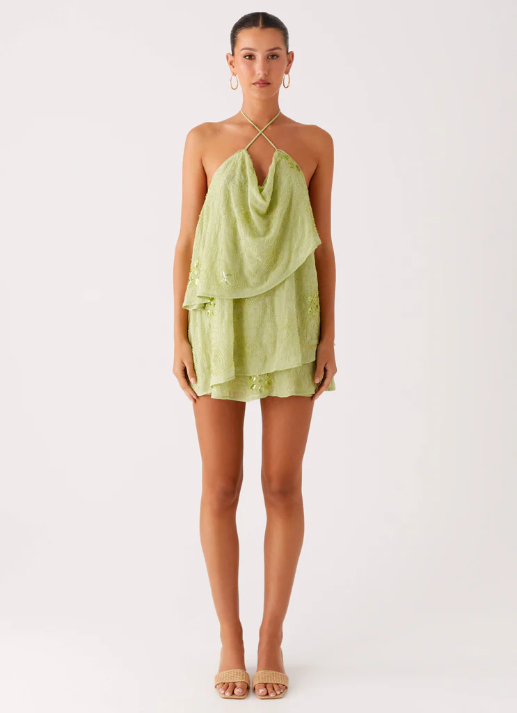 On The Go Beaded Mini Dress - Mint