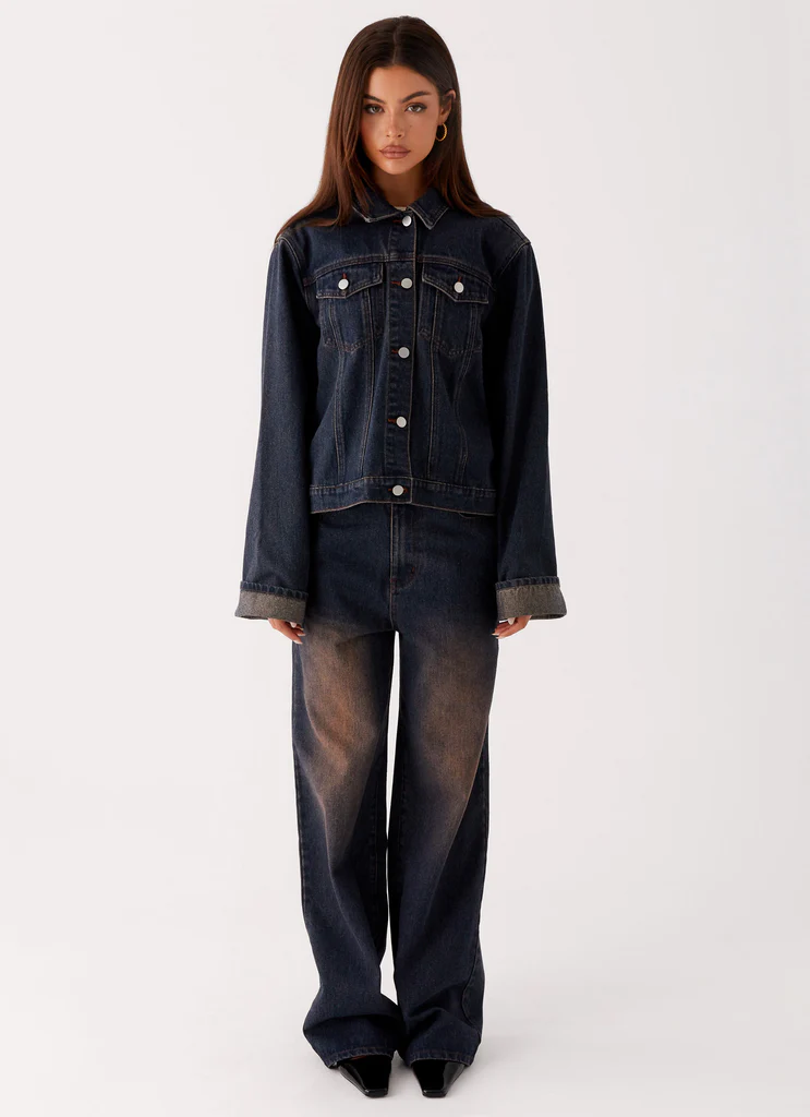 Back Again Oversized Denim Jacket - Brown Blue Acid Wash