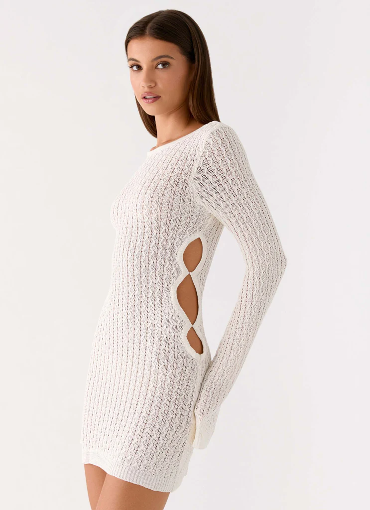 Zenzi Long Sleeve Crochet Mini Dress - White