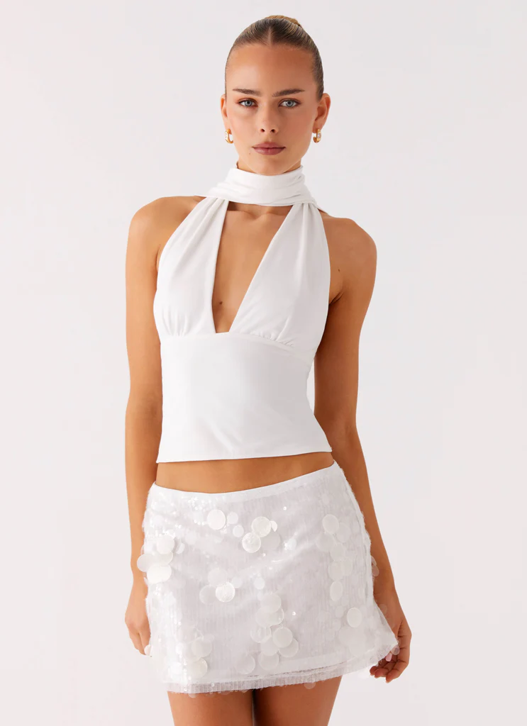 Milos Scarf Halter Neck Top - White