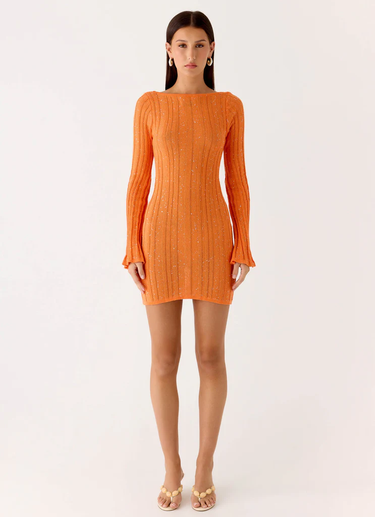 Estrella Long Sleeve Knit Mini Dress - Orange