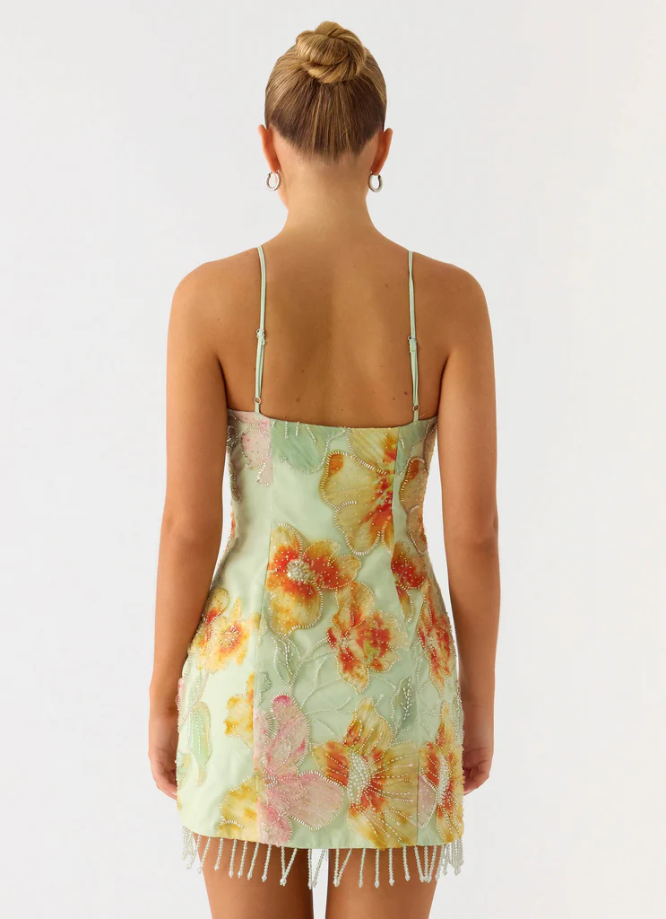 Gatiana Beaded Sequin Mini Dress - Green Floral Beaded