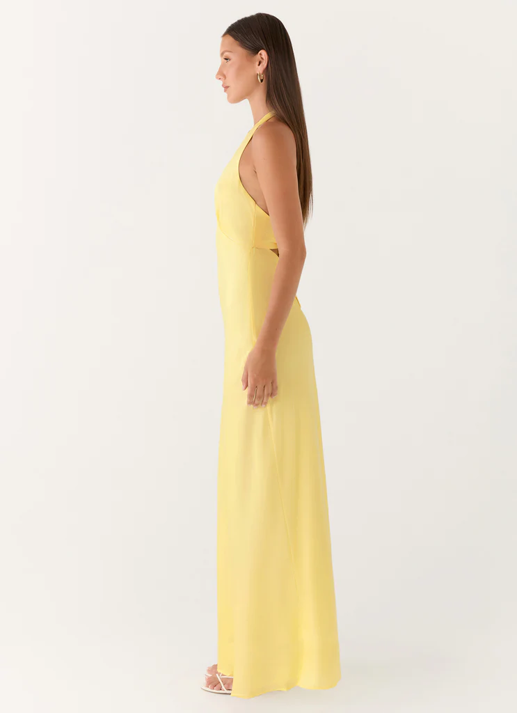 Heavy Hearted Satin Maxi Dress - Lemon