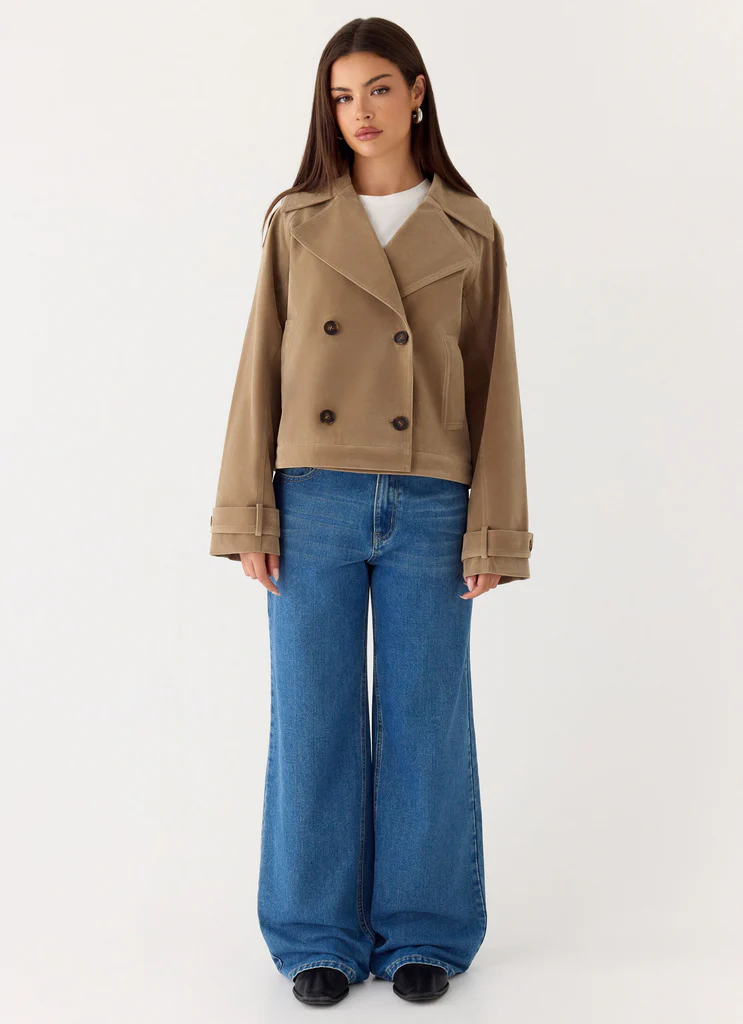 Evan Faux Suede Short Trench Jacket - Tan