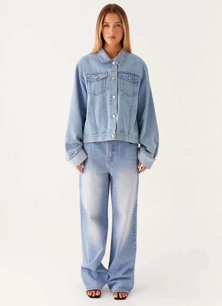 Back Again Oversized Denim Jacket - Light Wash Blue