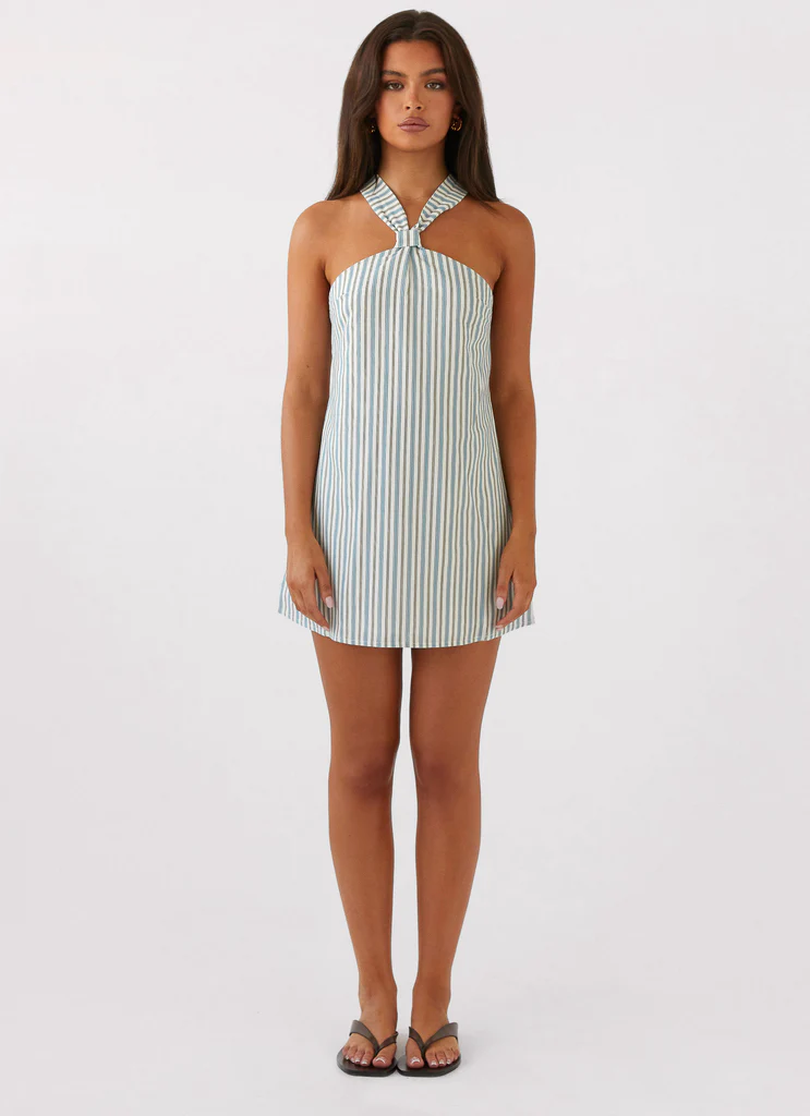 Keira Linen Micro Mini Dress - Blue Choc Stripe