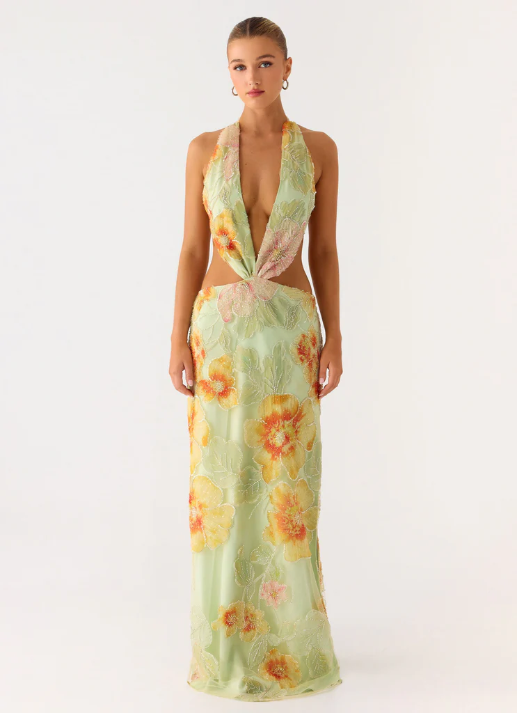 Really Something Beaded Maxi Dress - Green Floral Beaded