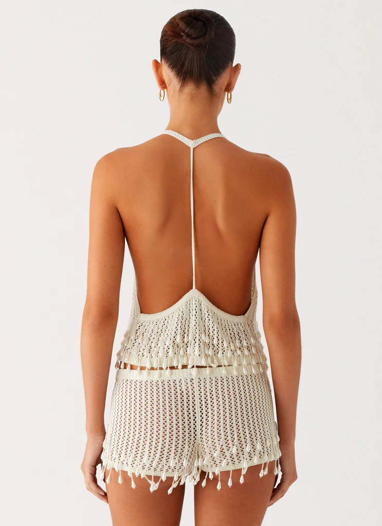 Pearl Shore Beaded Crochet Top - Ivory