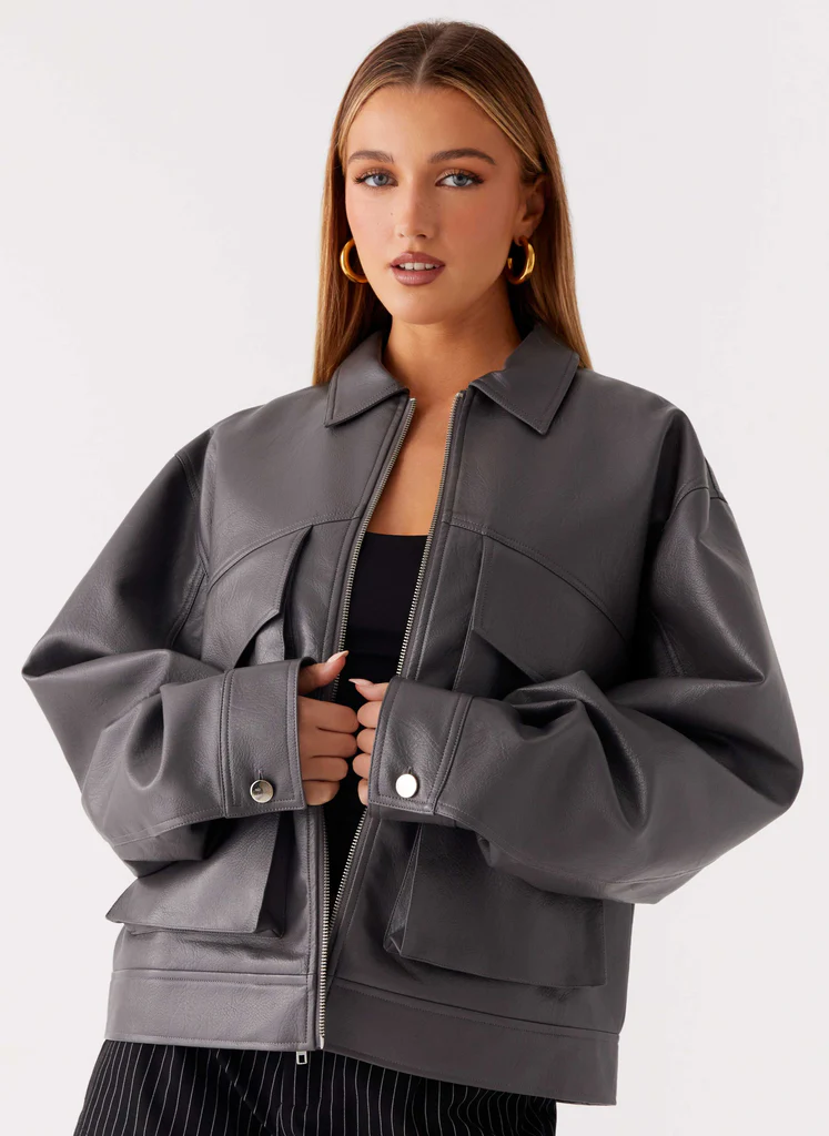 Lula Faux Leather Bomber Jacket - Charcoal