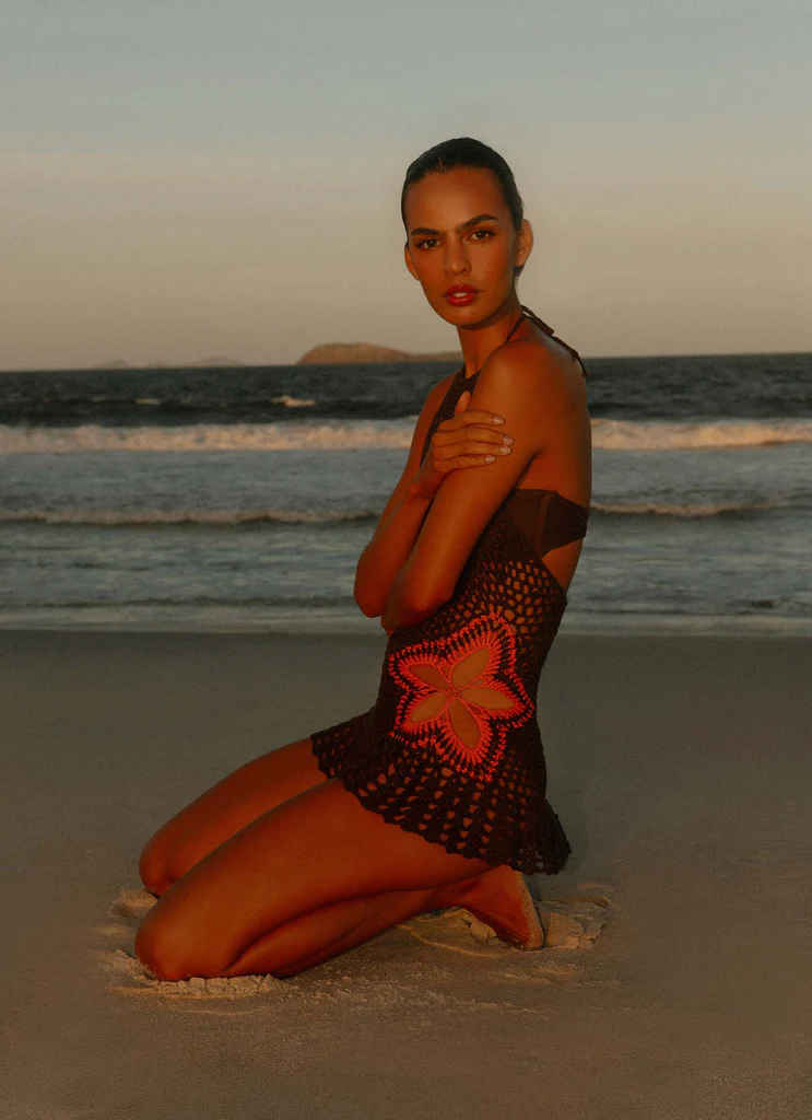 Henley Crochet Mini Dress – Chocolate Henley Crochet Mini Dress - Chocolate