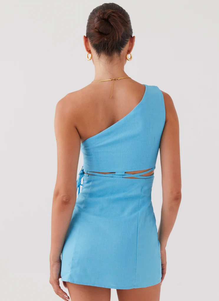Memini One Shoulder Linen Mini Dress - Azure