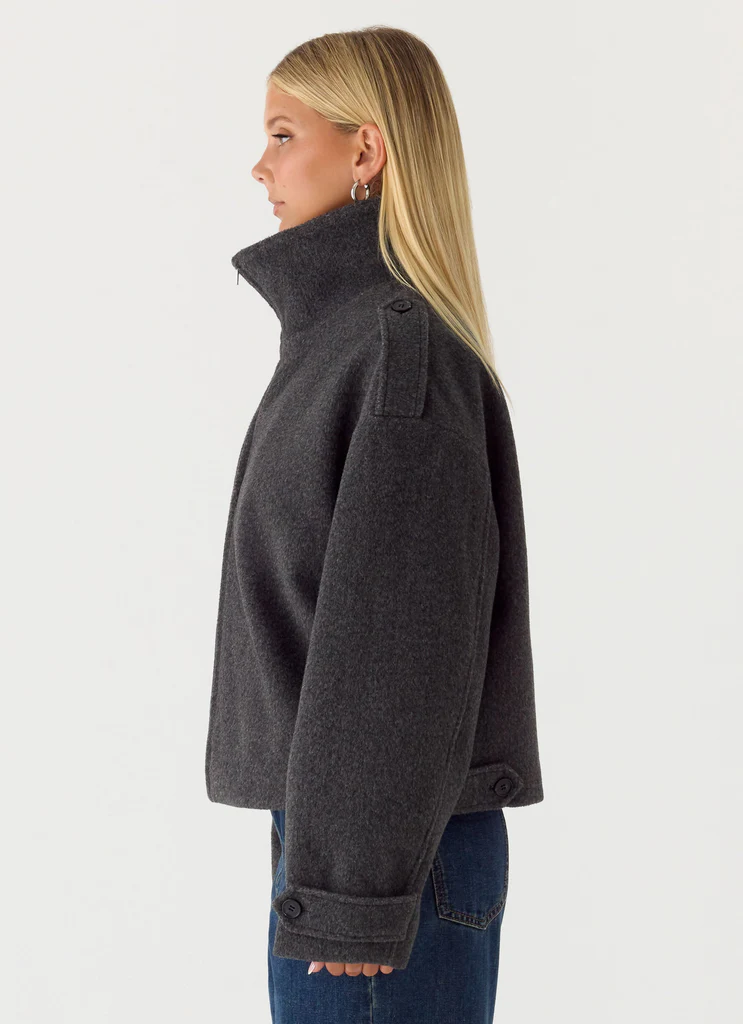 Kaiden Faux Wool Bomber Jacket - Charcoal