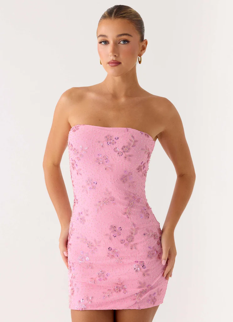 Push Back Beaded Sequin Mini Dress - Pink