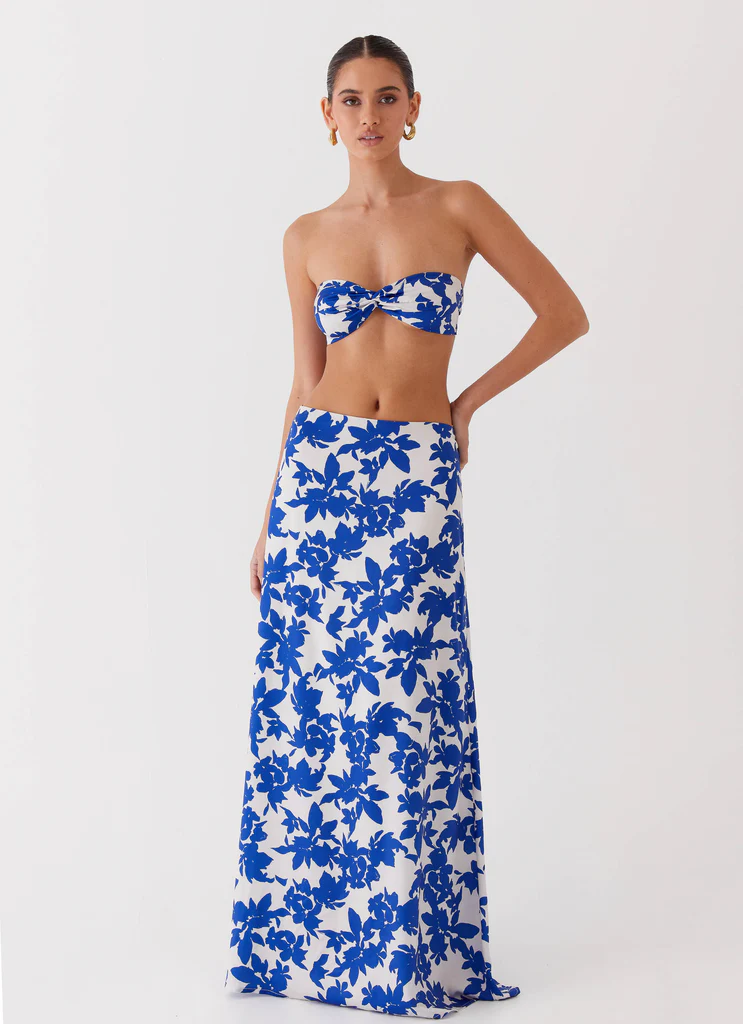 Sky Gaze Low Rise Maxi Skirt – Blue Floral Sky Gaze Low Rise Maxi Skirt - Blue Floral