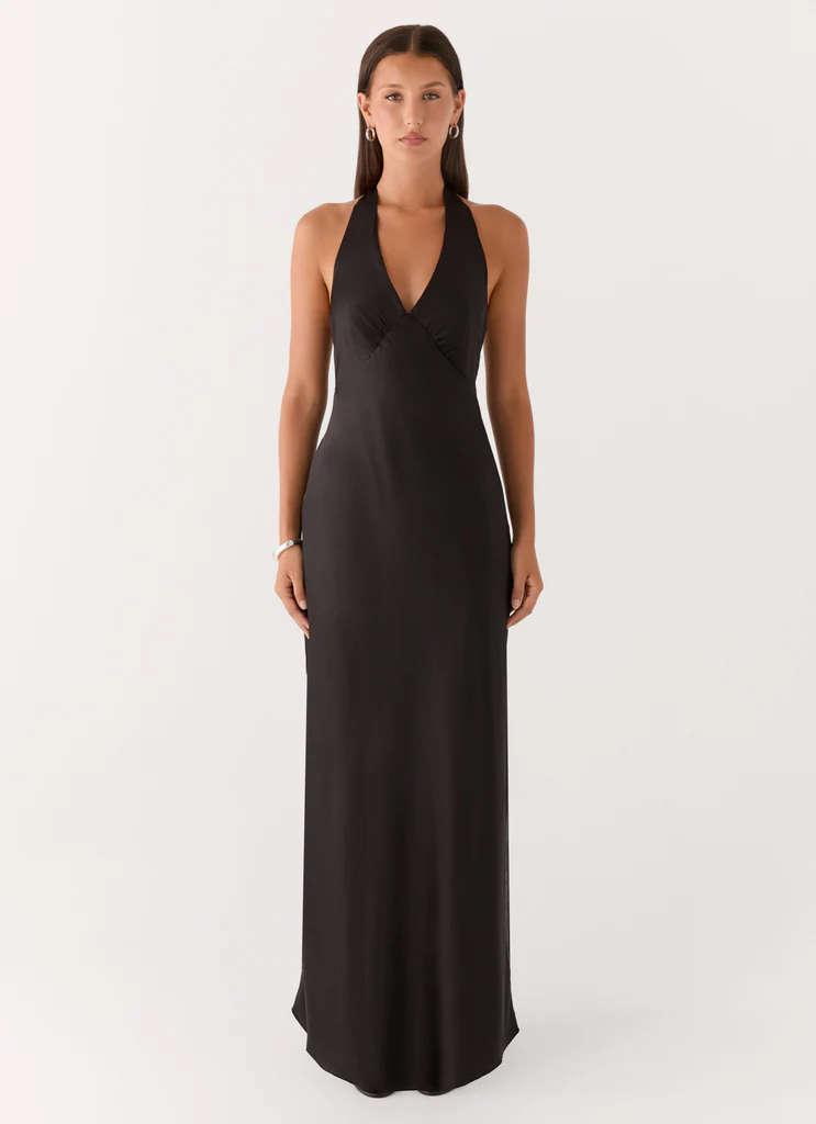 Heavy Hearted Satin Maxi Dress - Black
