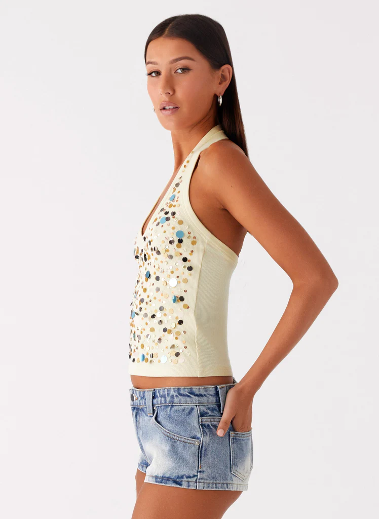Eye Contact Sequin Halter Top – Yellow Eye Contact Sequin Halter Top - Yellow